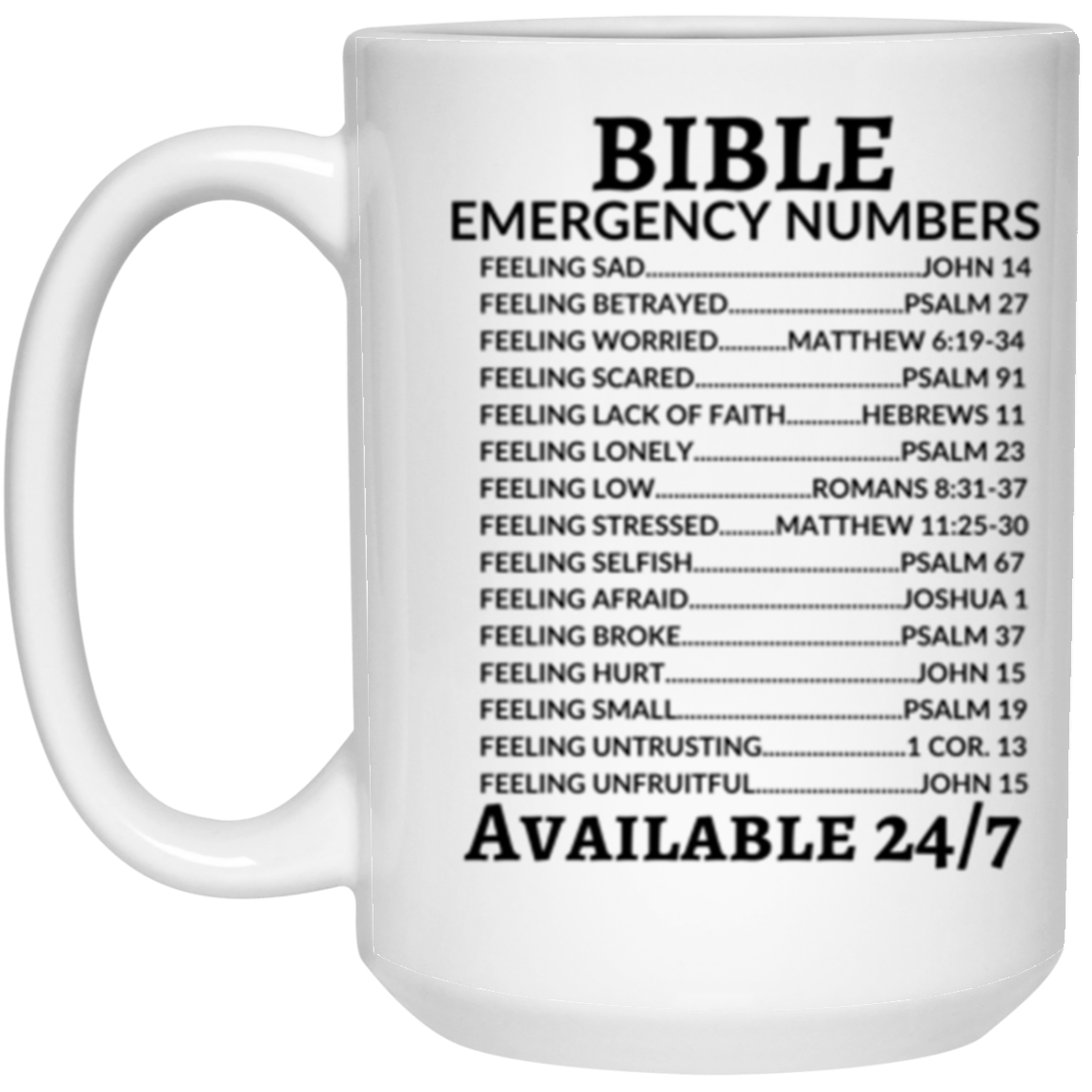 Bible Emergency Numbers Mug - 11 & 15 oz. White Mug-Scripture Mug, Inspirational Mug, Faith Mugs