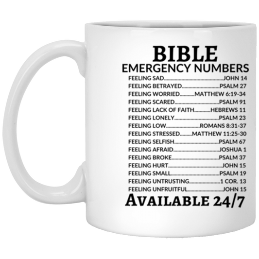 Bible Emergency Numbers Mug - 11 & 15 oz. White Mug-Scripture Mug, Inspirational Mug, Faith Mugs